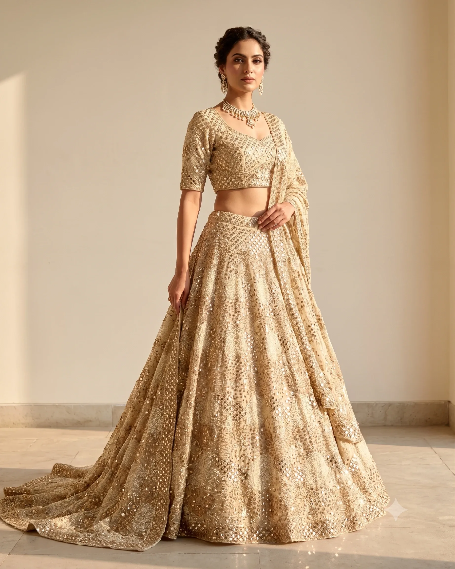 Model in a gold mirror-sequin lehenga from Saroj Ensemble